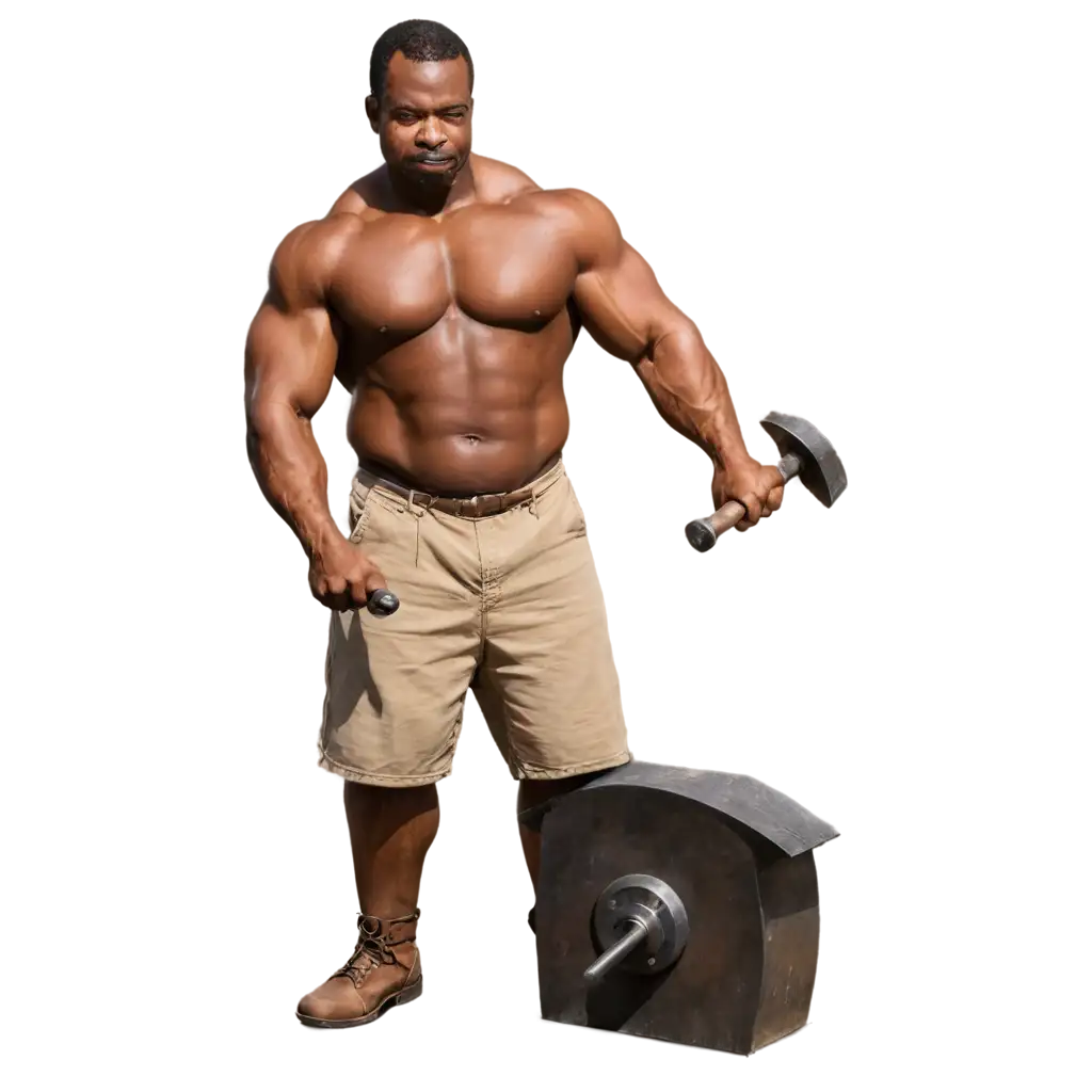 African American male blacksmith with bulging muscle beating an anvil with a huge hammer in a market place with small humans as the finished product