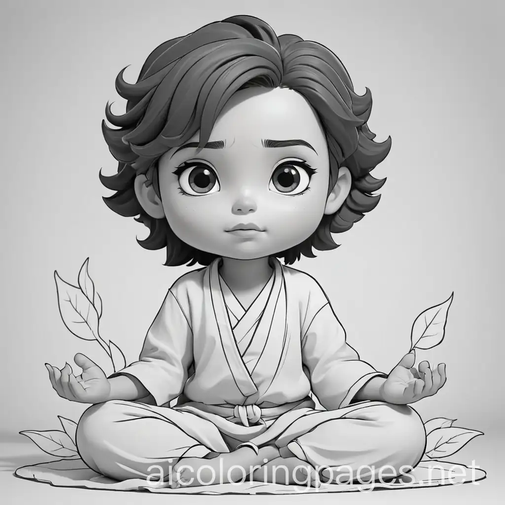 cute kids meditating coloring outline, Coloring Page, black and white, line art, white background, Simplicity, Ample White Space. The background of the coloring page is plain white to make it easy for young children to color within the lines. The outlines of all the subjects are easy to distinguish, making it simple for kids to color without too much difficulty