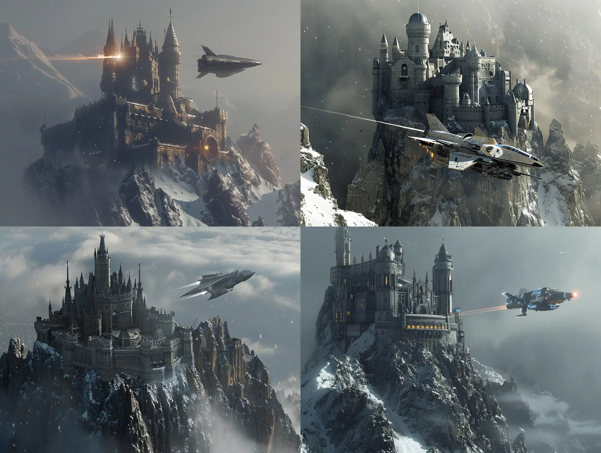 Dieselpunk-Castle-on-Mountain-Peak-with-Futuristic-Spaceship-Launching