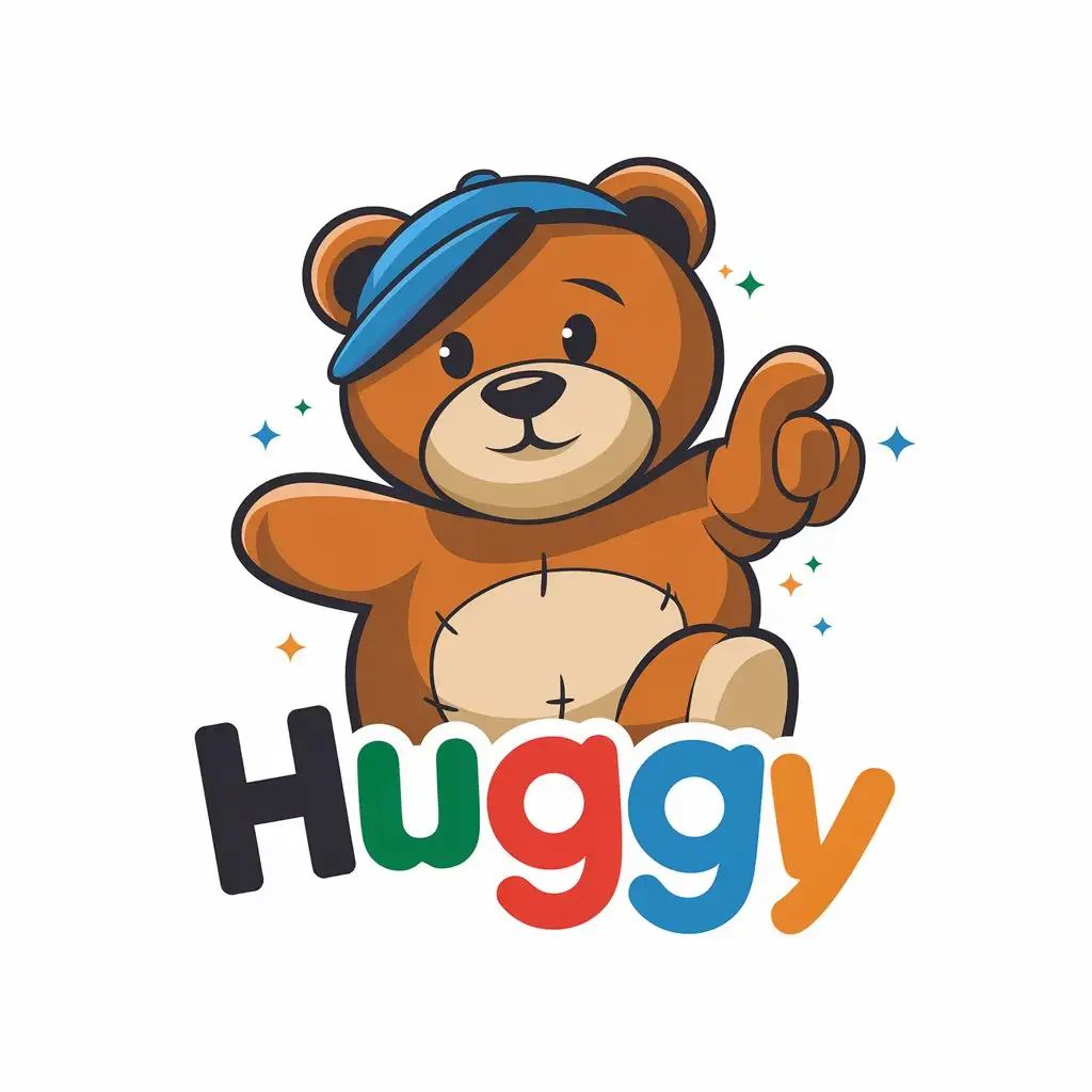 LOGO Design for Huggy MultiColored Letters with Teddy Bear and Blue Cap for Entertainment Industry