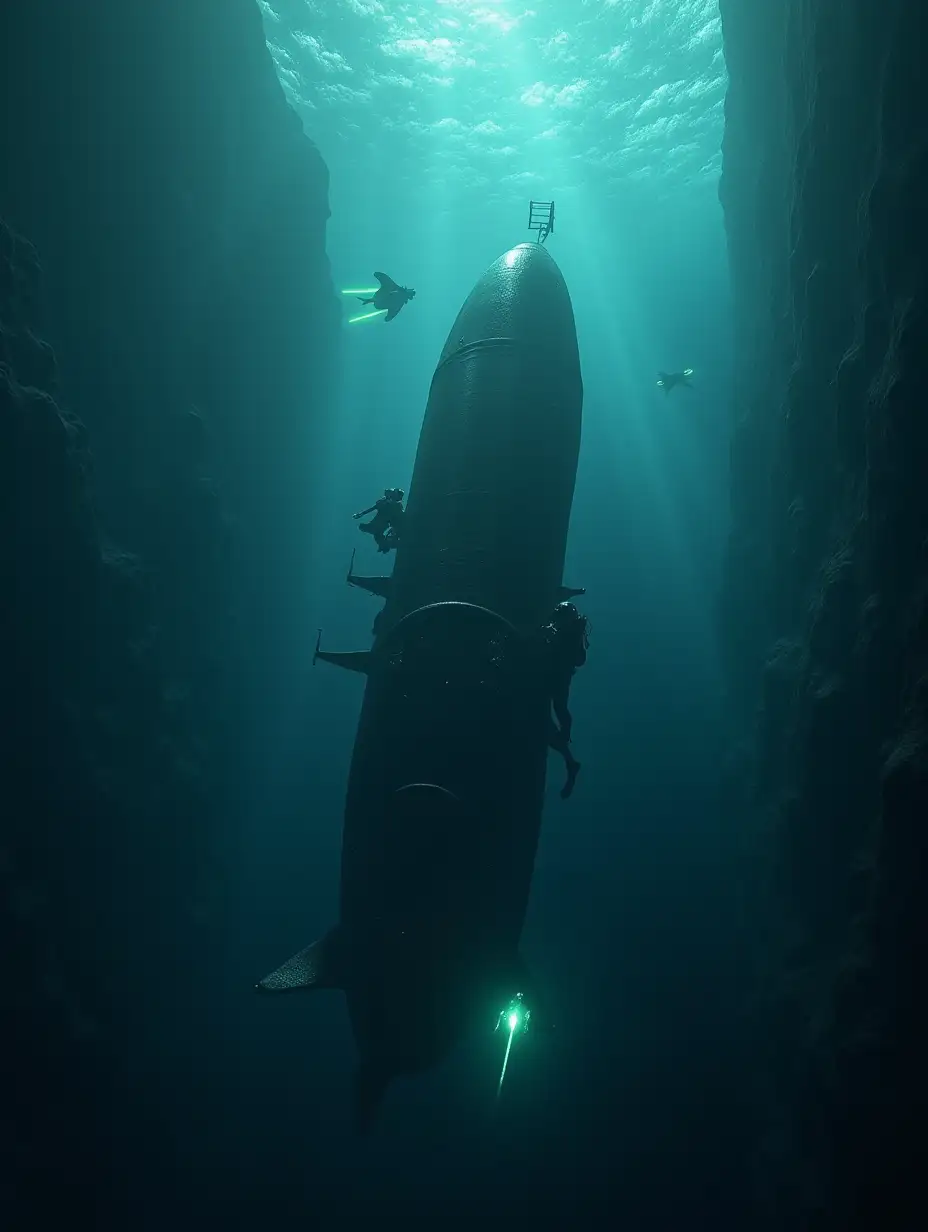 A dramatic cinematic portrayal of the submarine ascending rapidly toward the surface, its lights flickering as strange shadows dart around it in the deep ocean. The scientists inside are thrown against the walls, their fear palpable as the submarine creaks under the pressure. Outside, glowing alien crafts pursue them, their sleek, luminescent shapes cutting through the dark water. The ocean’s surface shimmers faintly above, tantalizingly close yet perilously far, as tension builds to a breaking point.