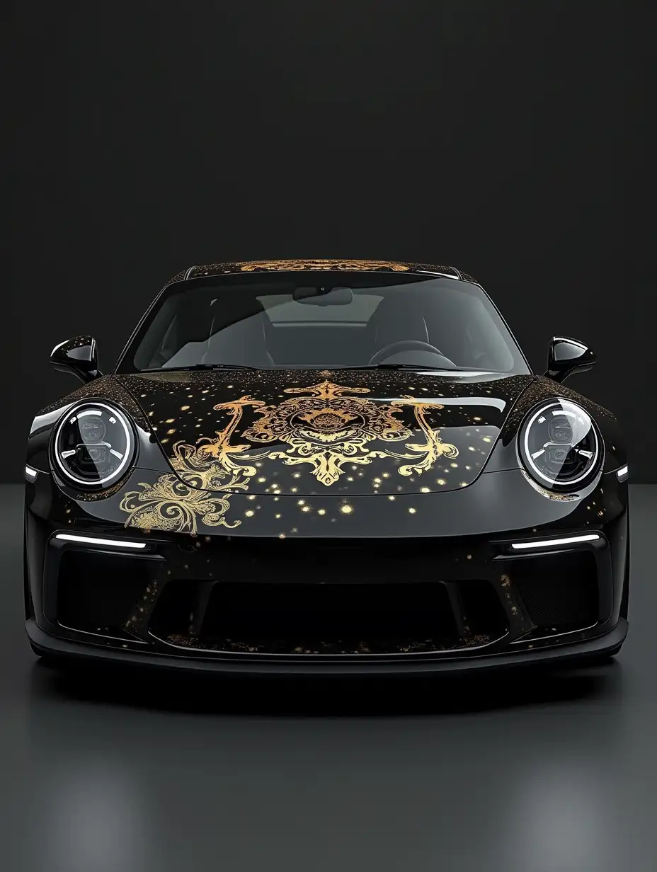 a new black Porsche car with design inspired by Iranian culture and Jamshid throne