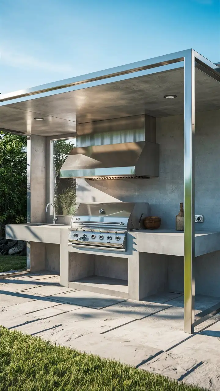 Stunning real incredible DIY Outdoor Kitchen Grill Master Station, wide shot, minimalist modern style, stainless steel frame, concrete countertop, built-in high-end gas grill, simple clean design, stone patio, green lawn, bright daylight, realistic, photorealistic, 8k, high detail