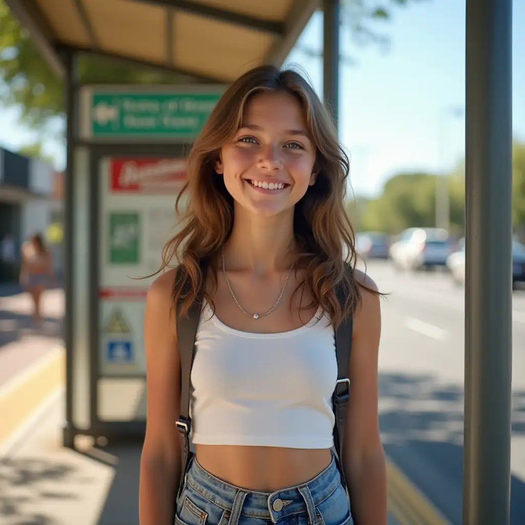 Teenage-Girl-Waiting-at-Australian-Bus-Stop-on-Warm-Summer-Day