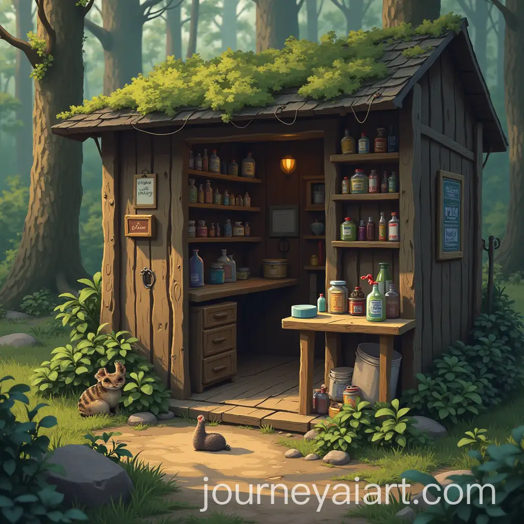 Makeshift-Temporary-Veterinary-Store-in-the-Forest-with-Animal-Care-Supplies