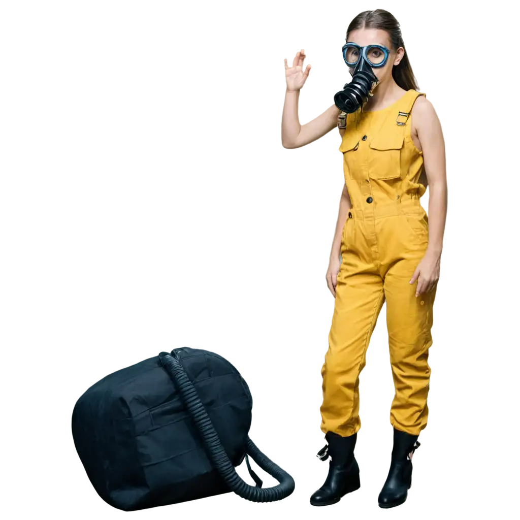 Female in a yellow overall and gas mask. Cinematic