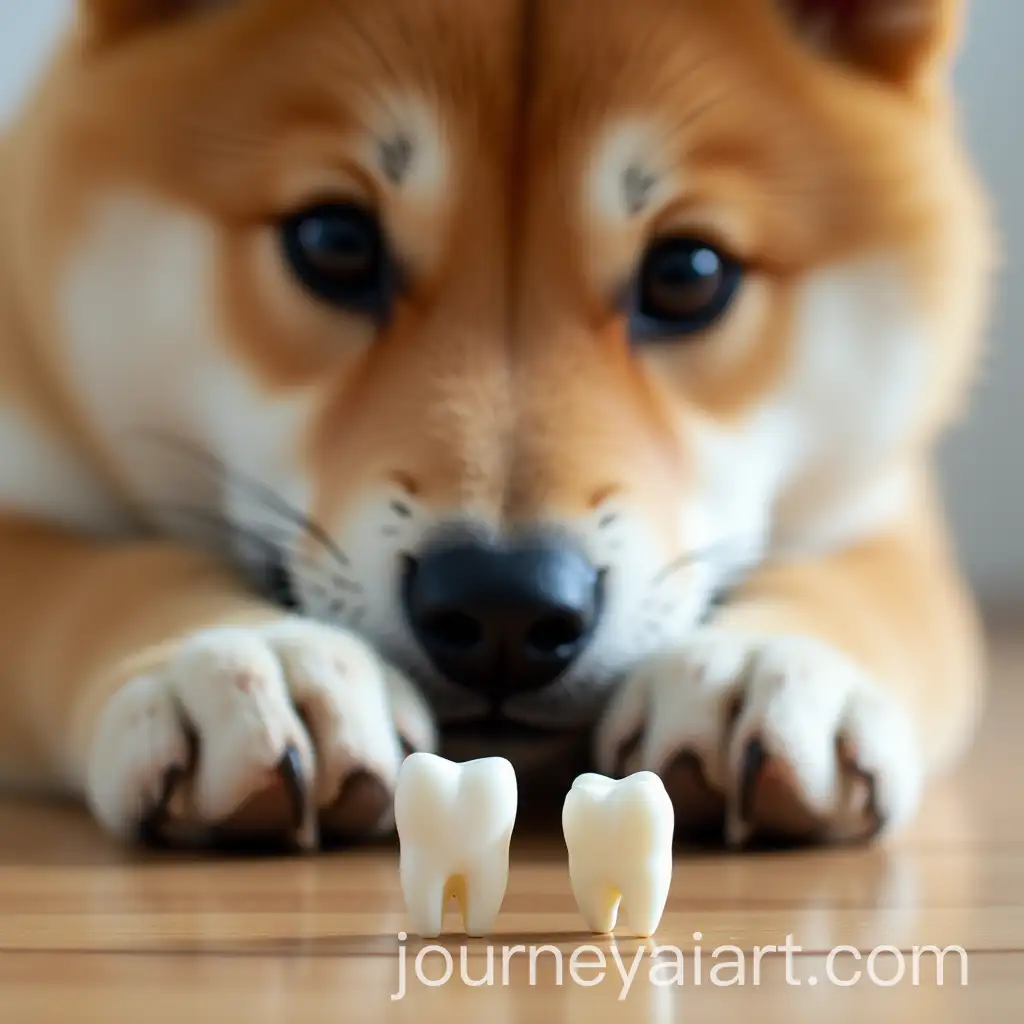 Shiba-Inu-Dog-Playing-with-Toy-Teeth-on-Wooden-Surface