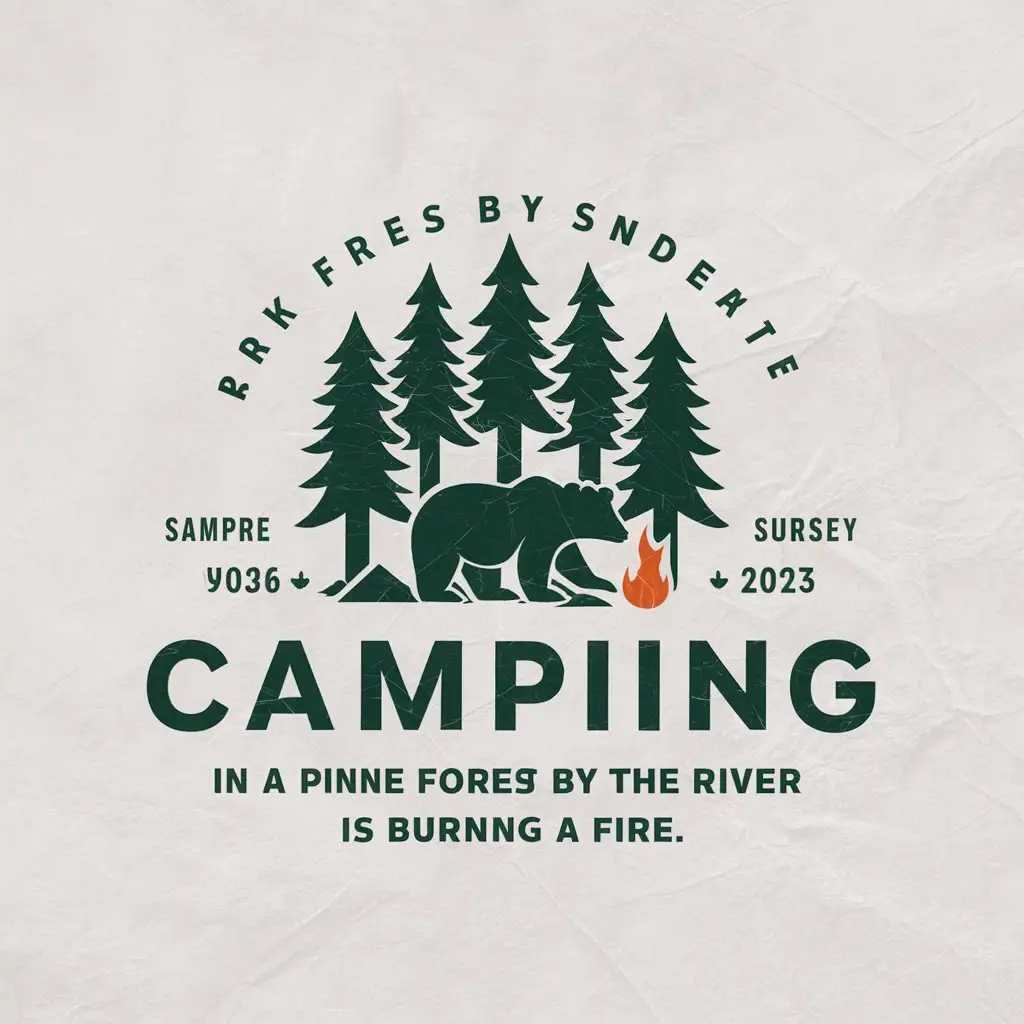 a vector logo design,with the text "camping in a pine forest by the river is burning a fire", main symbol:bear,Moderate,be used in Travel industry,clear background