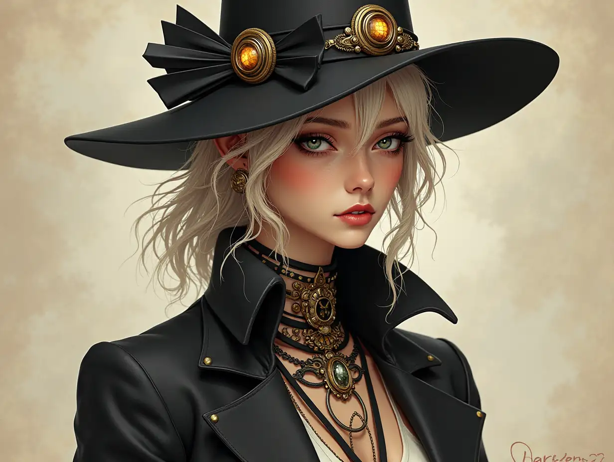 High resolution image of a female figure representing the trickster archetype and wearing modern fashion: Steampunk