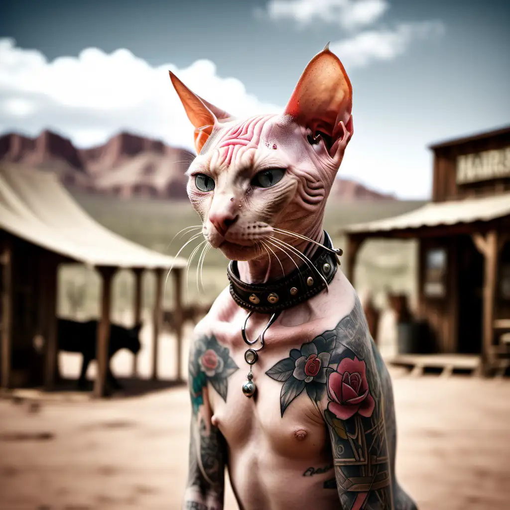 Hairless cat with tattoos,  ears pierced, wild west scenery