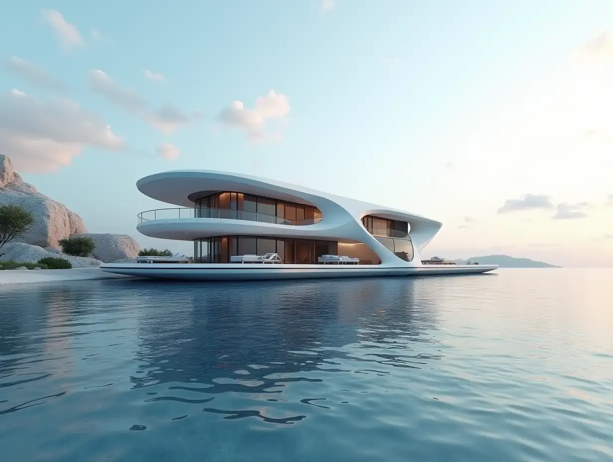 A futuristic house lies on the water near the beach