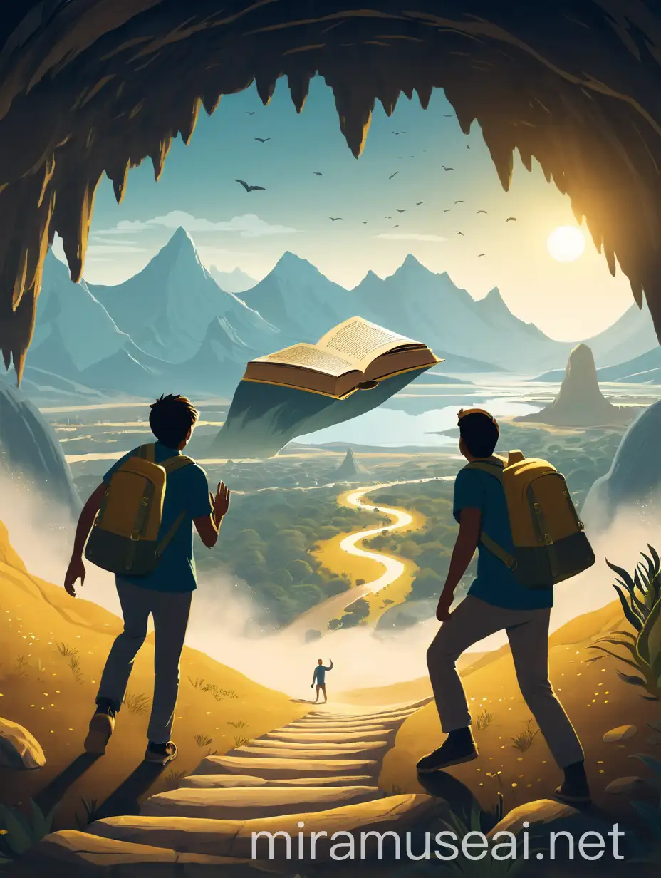 Friends Discovering Golden Book in Fantastical Cave Entrance