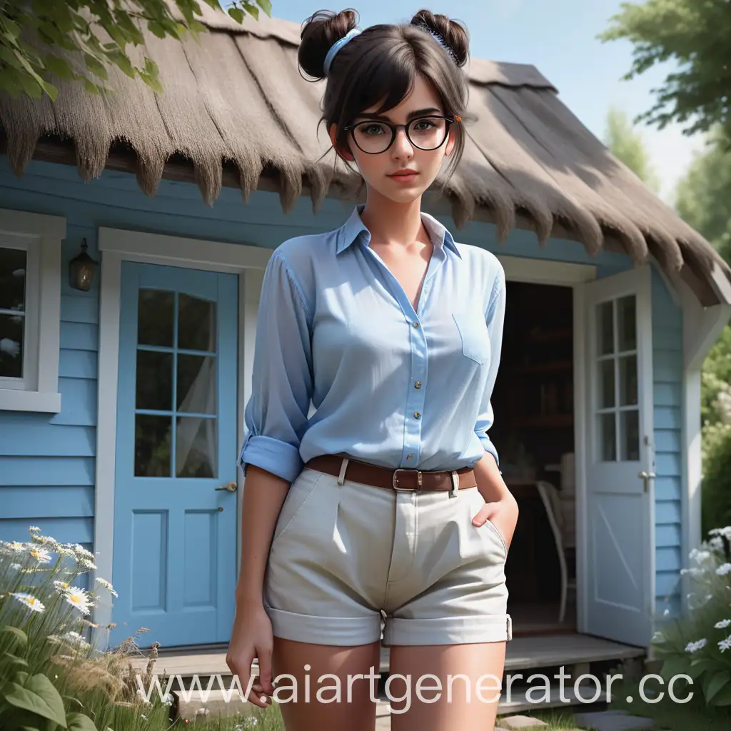 Charming-Young-Woman-at-Cottage-Threshold-on-a-Sunny-Day