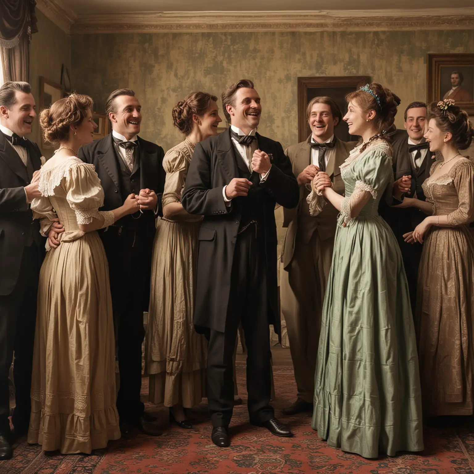 Victorian Men and Women Congratulating Man in Elegant Room