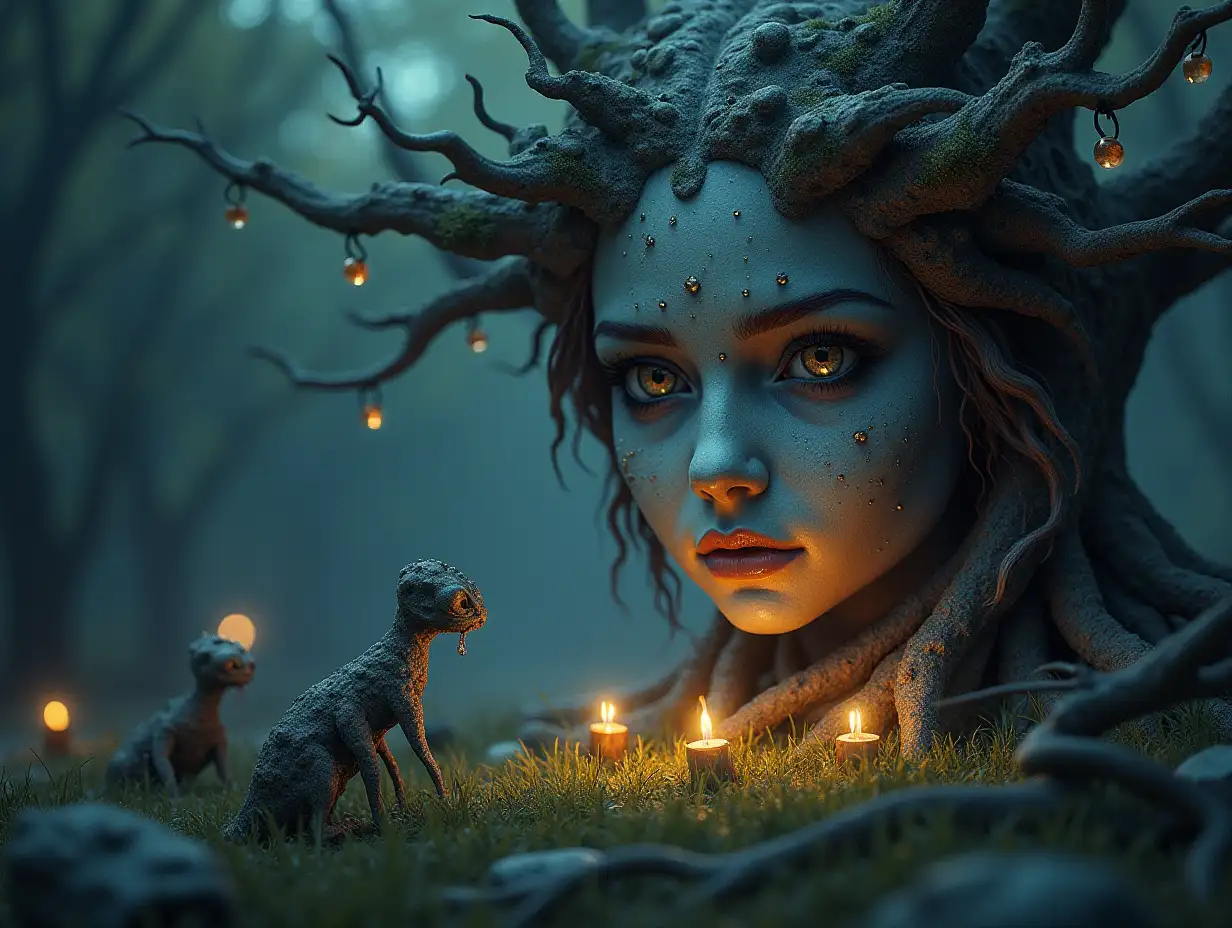 Creating a digital painting of a face with stone hair, carrying a hand with silver stones and illuminated trees with roots and lanterns and strange alien creatures on a lawn transformed