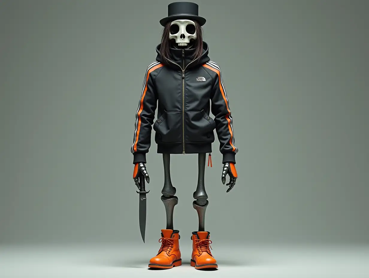 Create a high-resolution, realistic image of a robot with a skeletal body, orange laced boots, a head wearing a fashionable tracksuit, and a knife in its hand. A top hat and hair in 4K resolution.