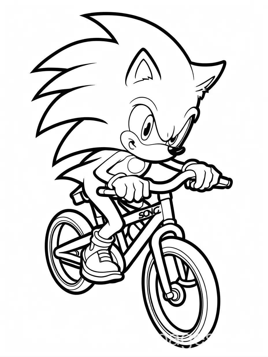 sonic on a velobike, Coloring Page, black and white, line art, white background, Simplicity, Ample White Space