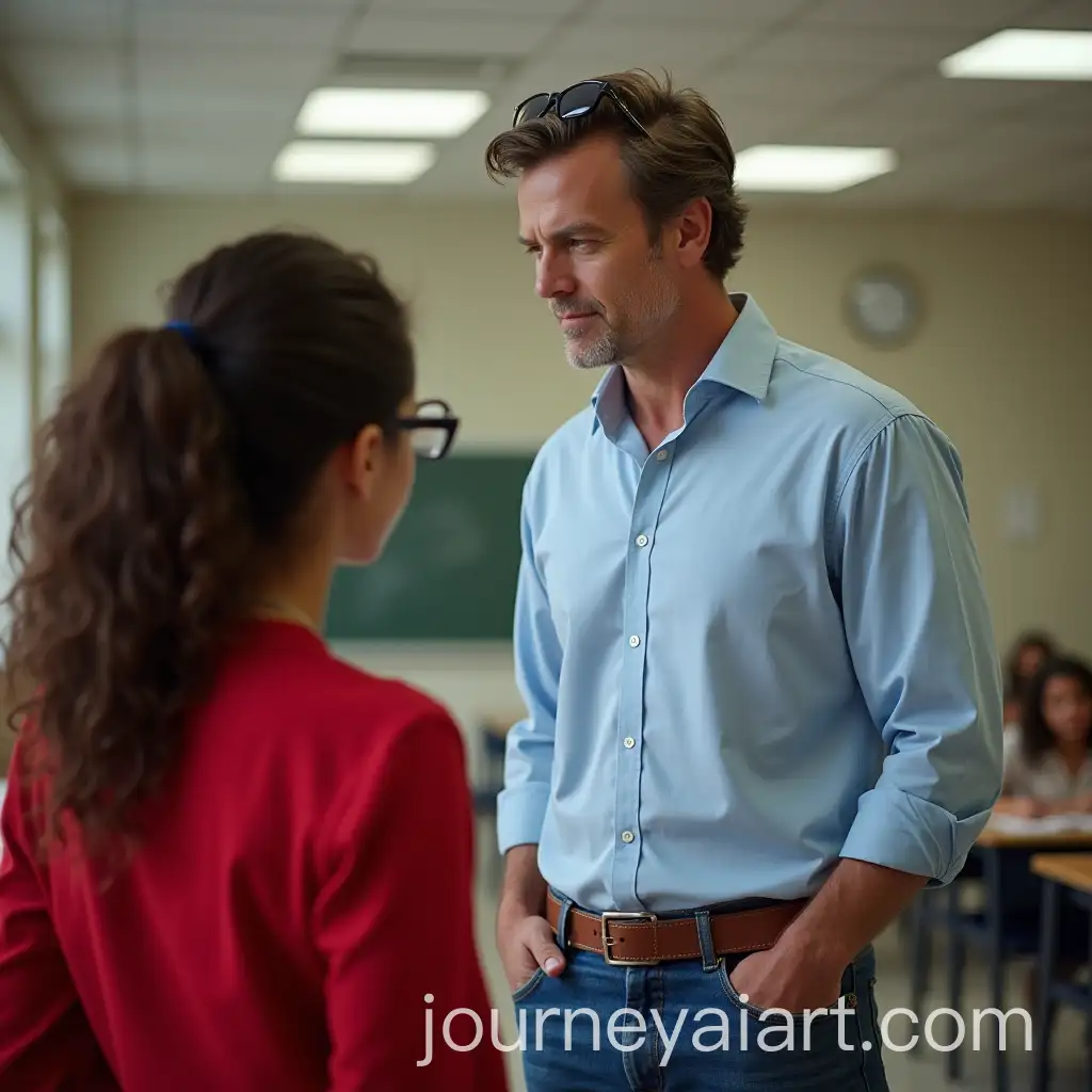 Charismatic-Teacher-Charming-a-Young-Woman-in-School-Hallway