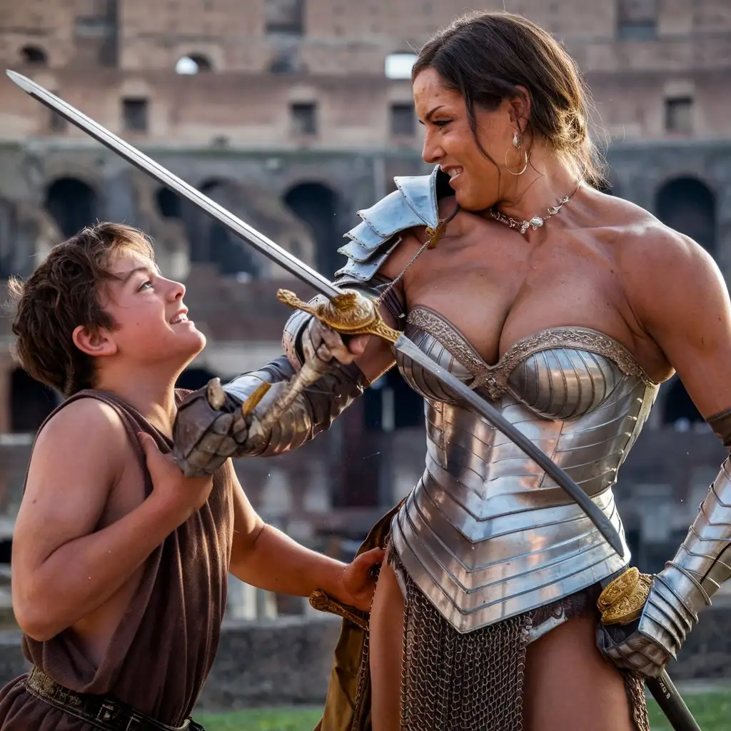 Cinematic-Gladiator-Fight-Between-Beautiful-Armored-Woman-and-Charismatic-Teenager