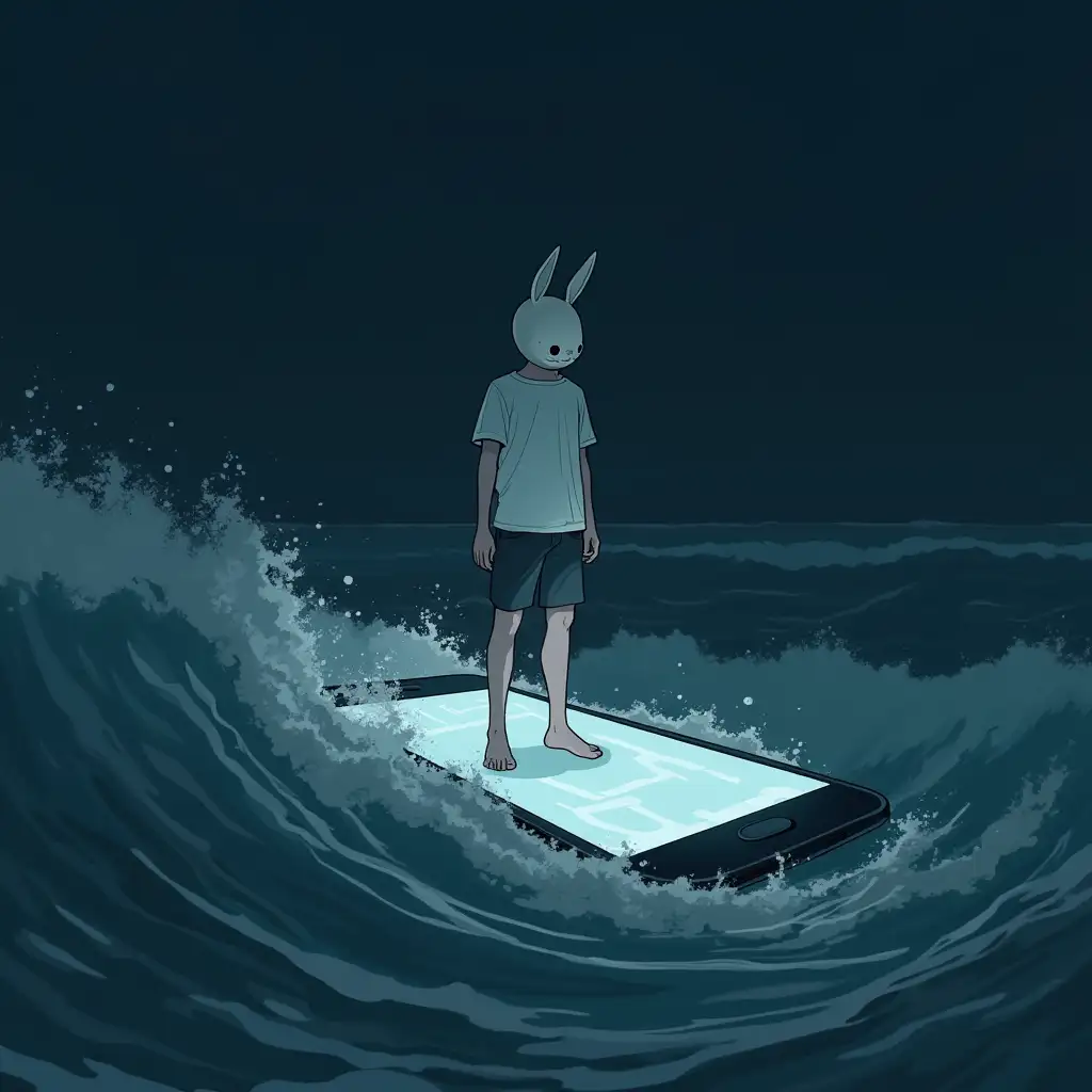 A boy in a white t-shirt is standing on a giant smartphone. He is wearing a mask of a rabbit on his face. The phone is floating in the dark sea with big waves.  The boy is surfing standing on that phone. The whole picture is dark and creepy. Anime style.