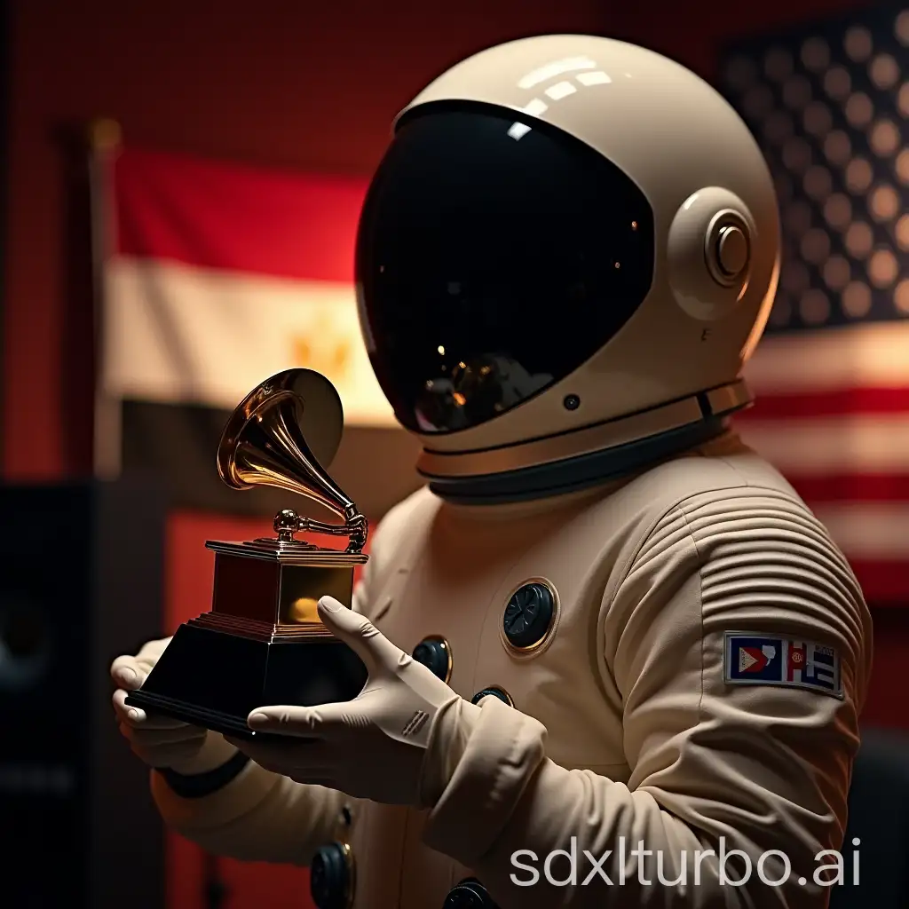 Astronaut-Holding-Grammy-Award-in-Music-Studio-with-Egyptian-Flag