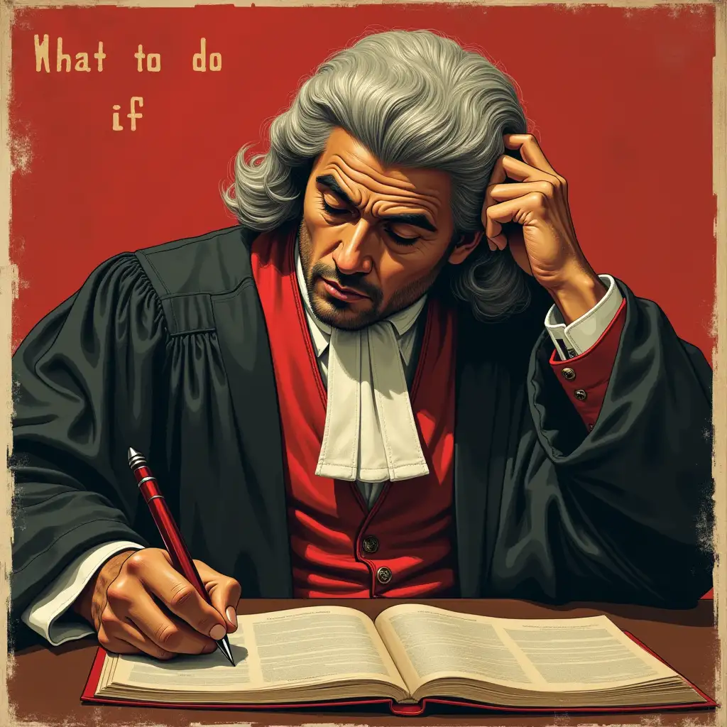 A barrister in robes and horsehair wig sitting at a desk scratching his head style of a communist poster with the words what to do if