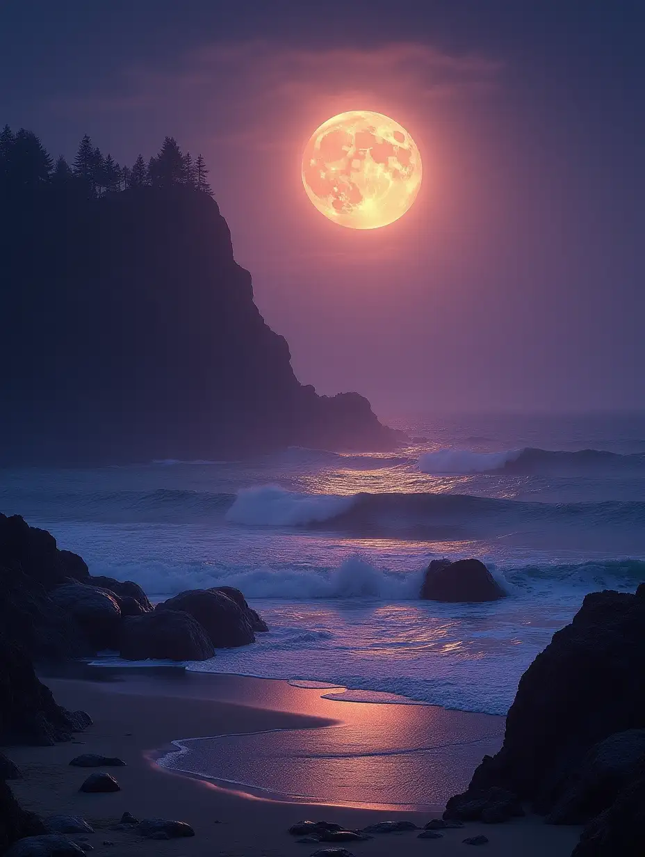 Mysterious, sea, purple, gold, full moon,