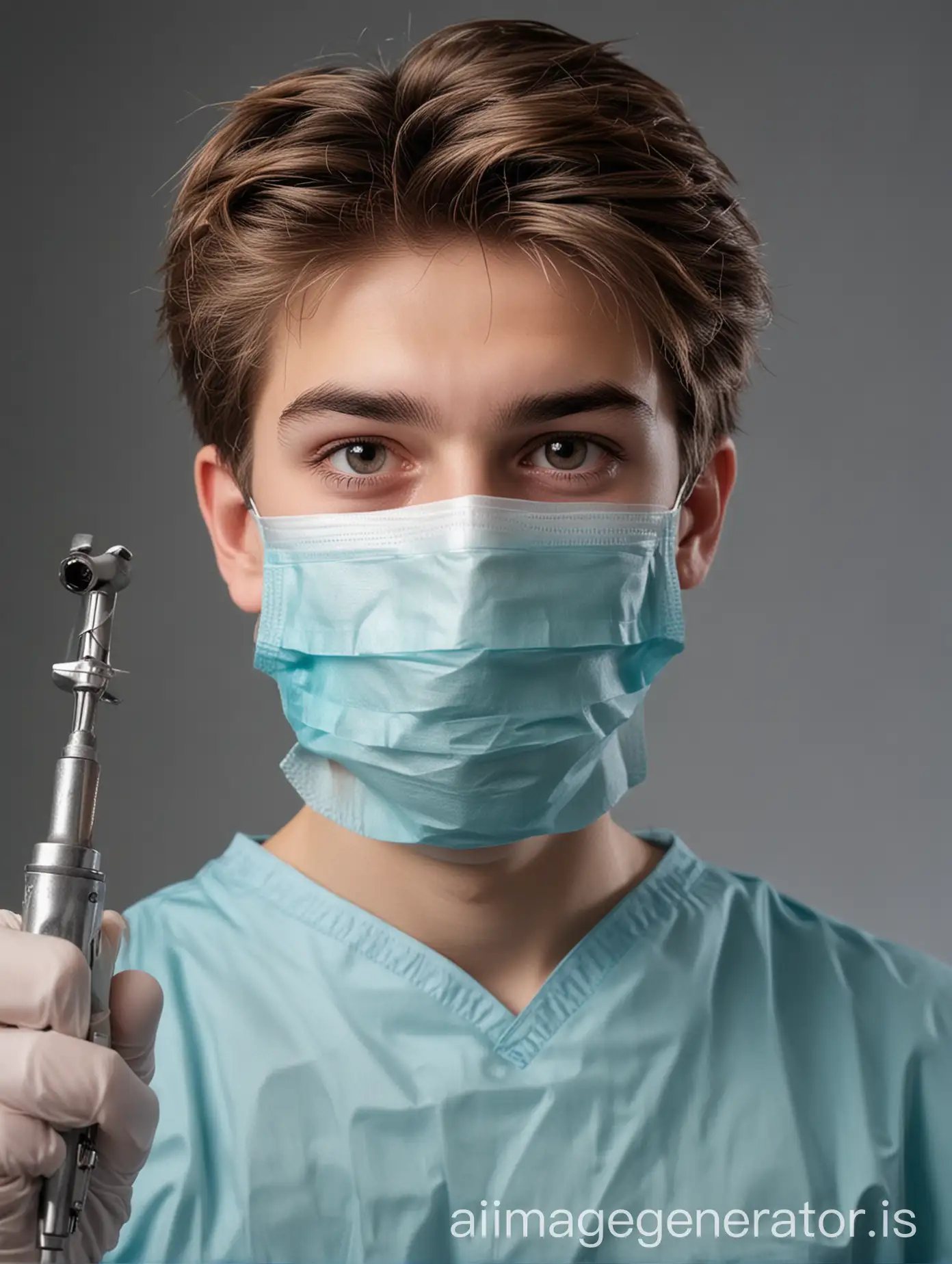 A 16-year-old boy with a sadistic expression, dressed in a surgical scrubs, mask, gloves, and face shield and hold a dental drill and a dental tool in his hands