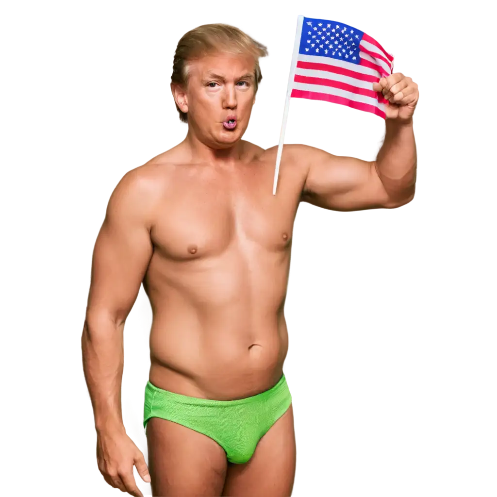 Donald-Trump-PNG-Image-with-Neon-Green-Hair-Giant-Nose-American-Flag-and-Polka-Dot-Bikini-Unique-Fun-Artwork