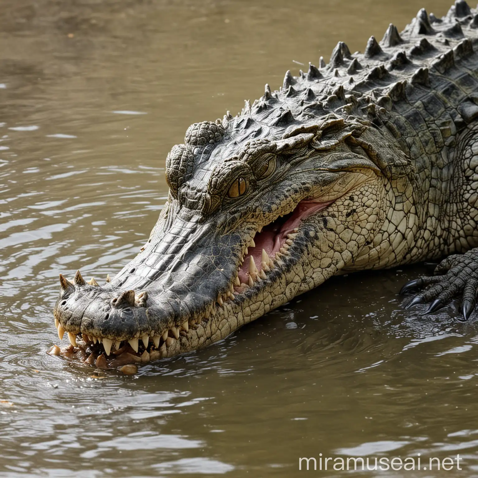 Crocodile Eating Fish in River Scene