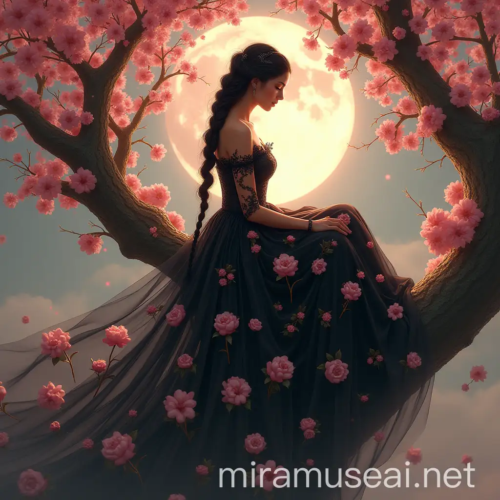 Elegant Woman Sitting on Floral Tree Branch