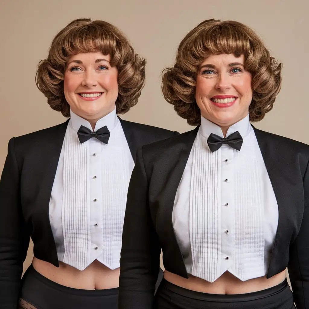 Two matching sweet beautiful middle-aged smiling busty fat obese body type with large wide hips Caucasian white female woman, with short dark blonde tight curly 1980s hair with curly bangs, wearing a very formal orchestra concert tuxedo with black long sleeve high cut cropped Eton jacket, white cropped tuxedo shirt, with tight very high standing Gladstone wingtip collar, and many thick vertical pleats front, black diamond point bow tie with black very thick wide adjustable neckband, black cummerbund, black tight high-cut spandex brief, nylons, one women facing the viewer while tugging on her bow tie while the other woman has her back to the viewer, standing in a white bedroom, front view.
