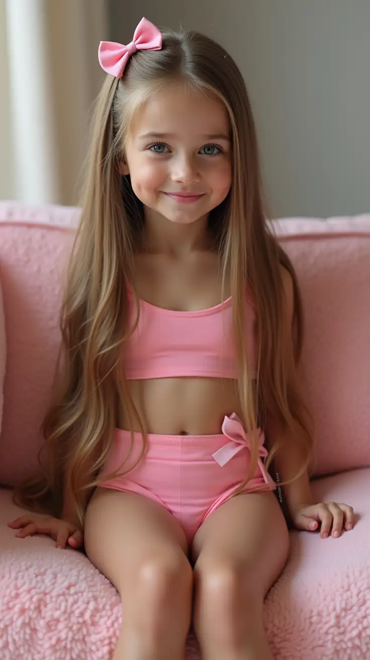 A beautiful caucasian girl age 10 photo realistic long strait hair. English girl emma or sarah age 10 photo Beautiful eyes beautiful beautiful lips with clips bows is relaxed wearing a colour crop top swimwear on the swimwear only on it . Beautiful skin. Beautiful skinny legs. On a pink fleece couch . Accurate size anatomy . Photo realistic. 4k . Best quality. Natural lighting. . Beautiful skinnylegs . Photo realistic. Pagent winner