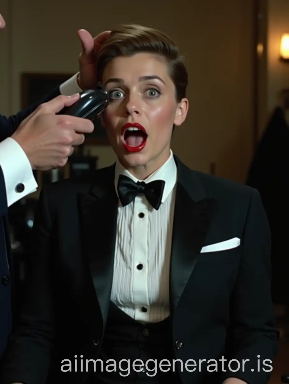 Female-Movie-Actress-in-Tuxedo-Getting-Head-Shaved-by-Barber