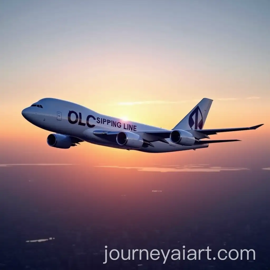 Sleek-Cargo-Airplane-with-OLC-Shipping-Line-Flying-Over-Cityscape-at-Sunset