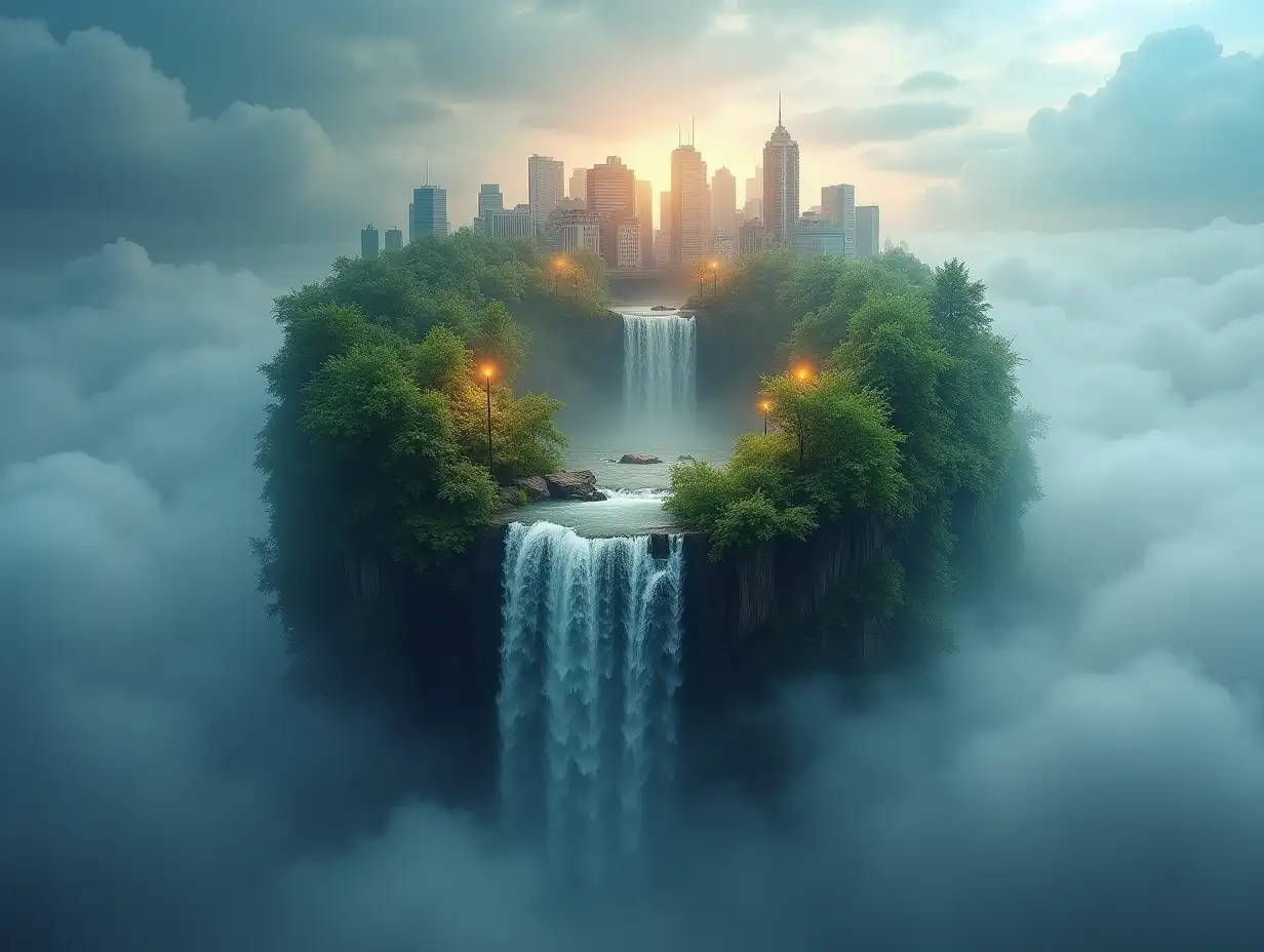 Create a globe, from whose upper half a city with street lamps, forest waterfall comes out and with cloudy sky and fog