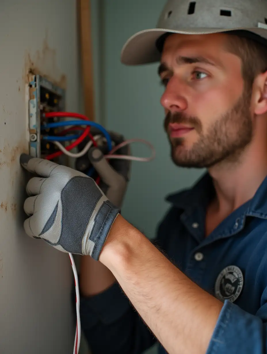 an electrician male insulates the wires with black electrical tape