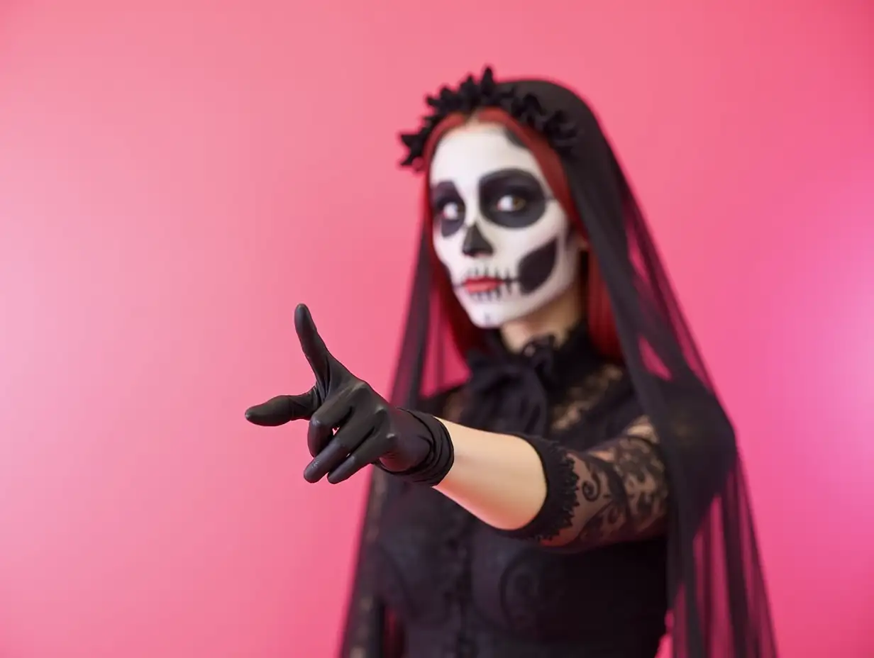 Beautiful young woman dressed as dead bride for Halloween party pointing at something on pink background