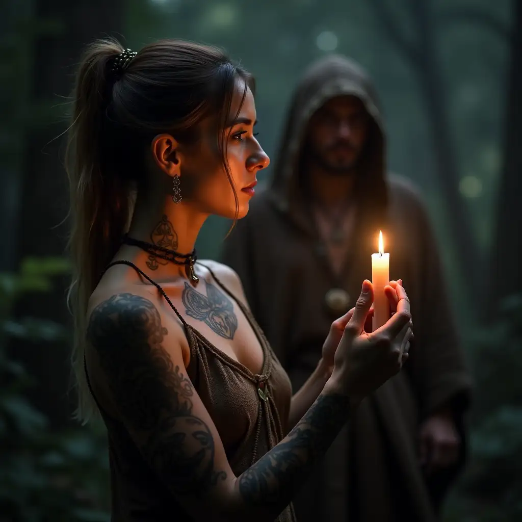 Create an image of a tattooed female Druid standing holding a candle close up in preparation for a ceremony in a mysterious setting, there is a tattooed divine male Druid with a hood standing in the background