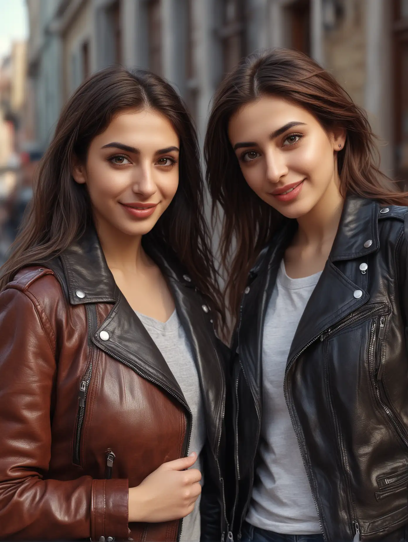 A young Armenian woman and a young Azeri woman, standing together, wearing urban comfy outfits with leather jackets and leather backpacks, genuine smiles, posing for camera, warm friendship, detailed faces, beautiful eyes, detailed lips, photorealistic, high quality, masterpiece, 8k, ultra-detailed, realistic, vivid colors, natural lighting, street fashion, lifestyle, portrait