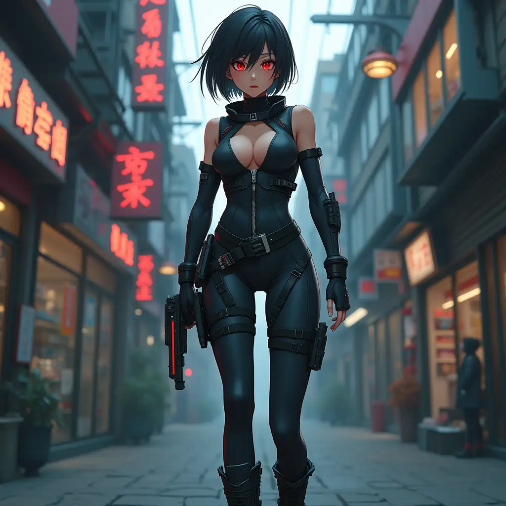 Short hair, mature Asian woman thief cyber runner in a dynamic full-length pose, eyes with red electronic pupils, large breast, extreme skintight body glove zipped down with cleavage, combat boots and combat belt. Full view of her body from boots up, low wide angle. Future store filled city alley street. Anime