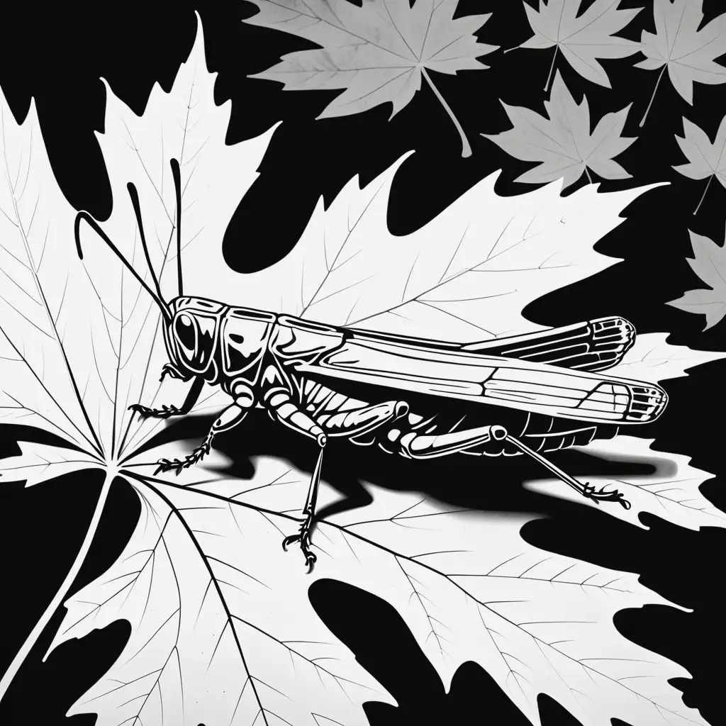 Grasshopper on Maple Leaf Block Print Japanese Style in Black and White