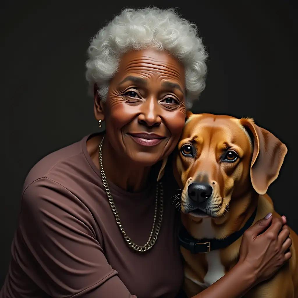 A ultra-detailed hyperrealistic digital painting of a 70-year-old black woman with a dog with perfect attention to texture, surface and lighting, to give depth, dimension and a photorealistic appearance.