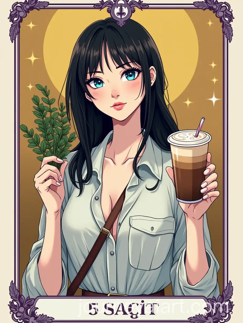 Tarot-Card-Illustration-of-White-Woman-Holding-Sage-and-Iced-Coffee