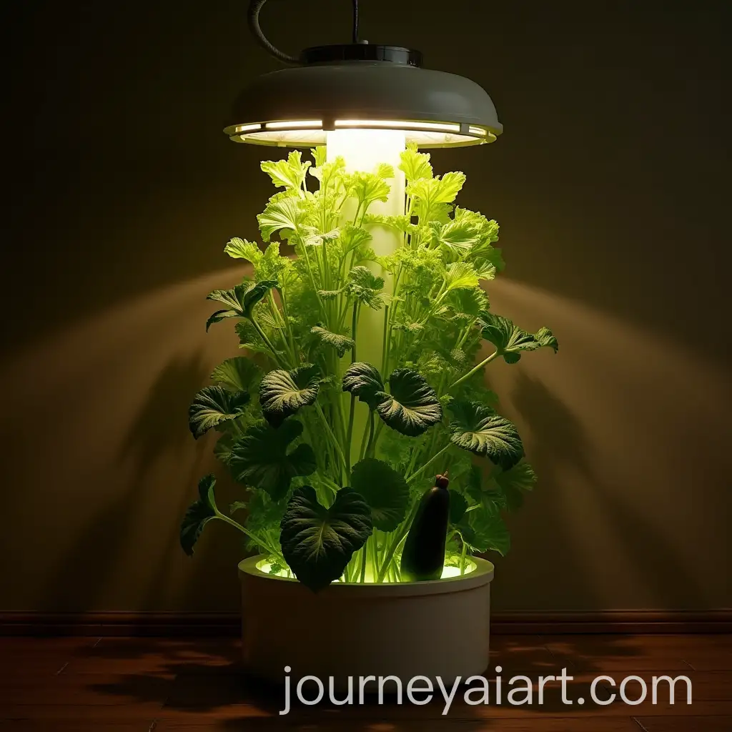 Indoor-Hydroponic-Tower-with-Growing-Vegetables-in-a-Dimly-Lit-Room