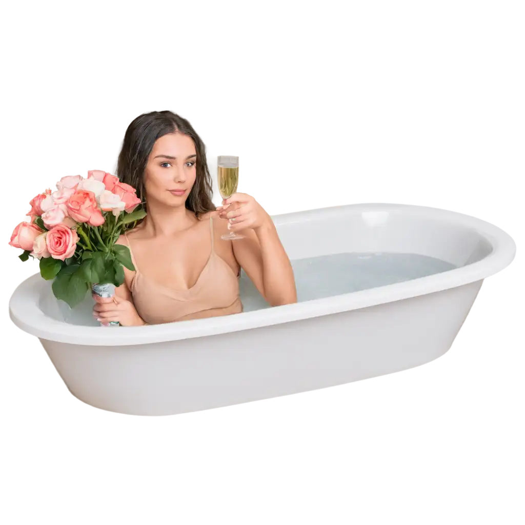 Elegant-Girl-in-Bath-with-Champagne-and-Flower-Bouquet-PNG-Image-for-HighQuality-Digital-Use