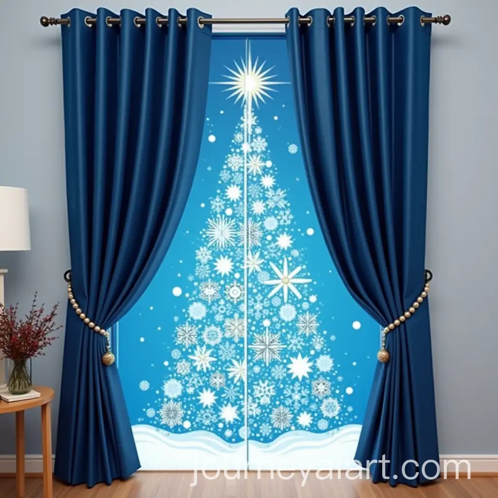 Christmas-Design-on-Blue-Curtain-with-Festive-Accents