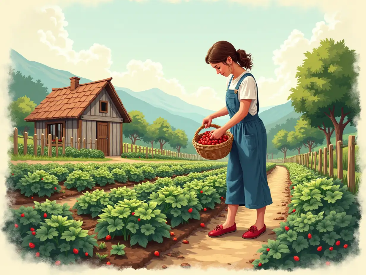 An adult woman in a village garden is gathering strawberries from the vegetable garden drawn in vector