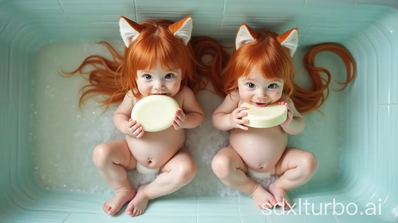 Two-Pregnant-Redhead-Girls-with-Cat-Ears-at-Preschool-Bathtub-Biting-Ivory-Soap-Bar