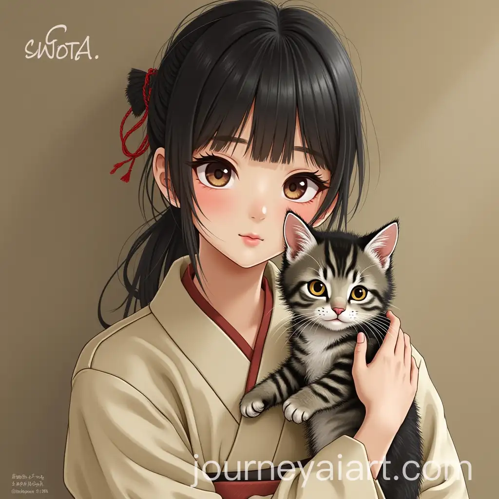 Japanese-Woman-in-Traditional-Clothing-Holding-a-Cute-Kitten-23-Years-Old-Portrait
